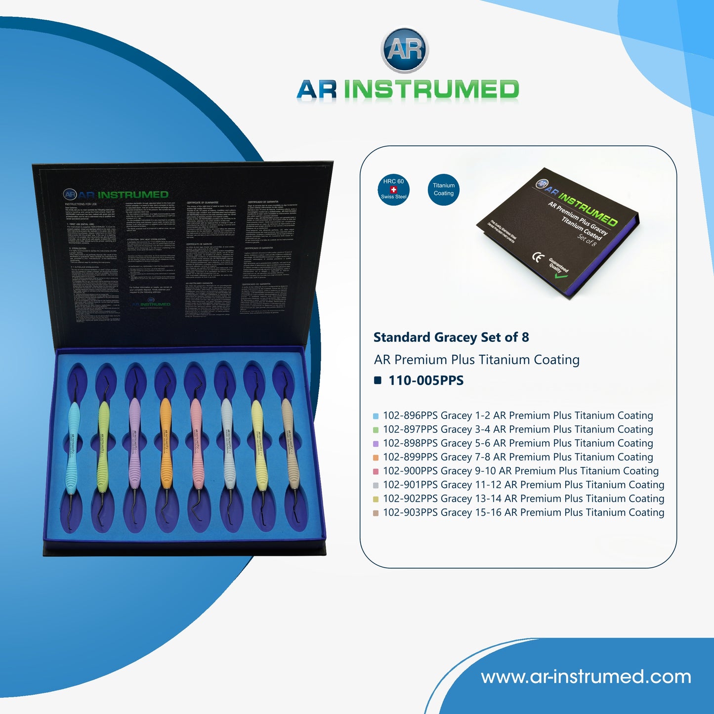 AR Instrumed Standard Gracey Currettes Set of 8 Premium Plus Titanium with Silicone Handles
