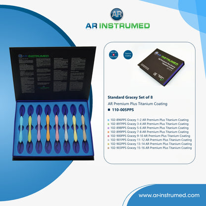AR Instrumed Standard Gracey Currettes Set of 8 Premium Plus Titanium with Silicone Handles