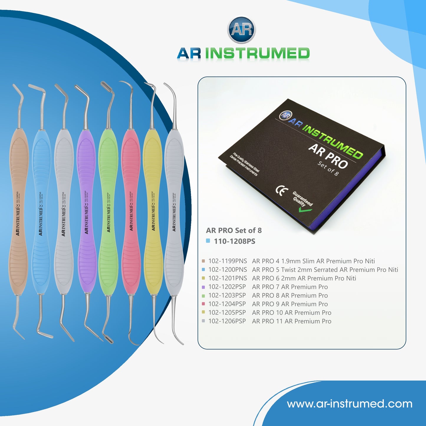 AR Instrumed AR PRO Instrument Kit for Scaling & Root Planing - Set of 8 With AR Premium Plus Silicone Handles