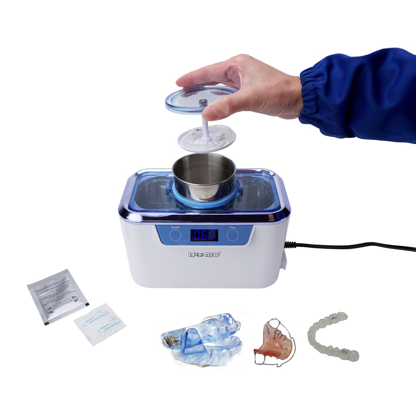 iSonic® DS310-WS-D Miniaturized Commercial Ultrasonic Cleaner, white with sapphire blue colors, for dental applications