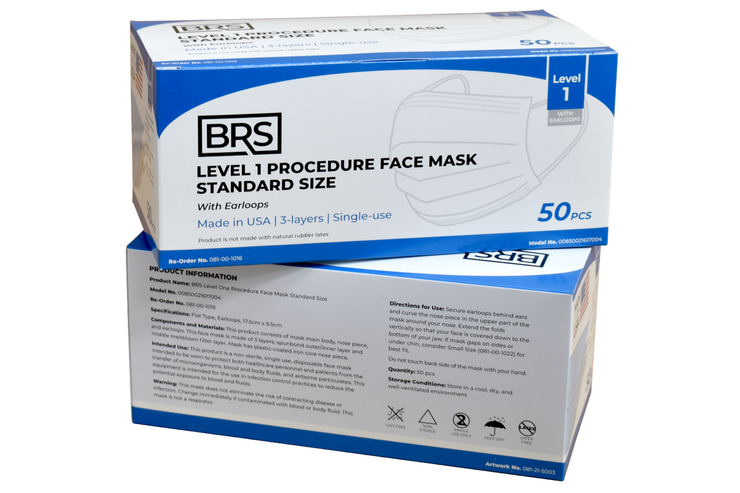 BRS Earloop Face Mask, Level 1, Standard Size, Case of 600 Masks
