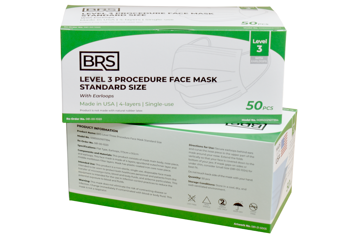 BRS Earloop Face Mask, Level 3, Standard Size, Case of 600 Masks, Blue